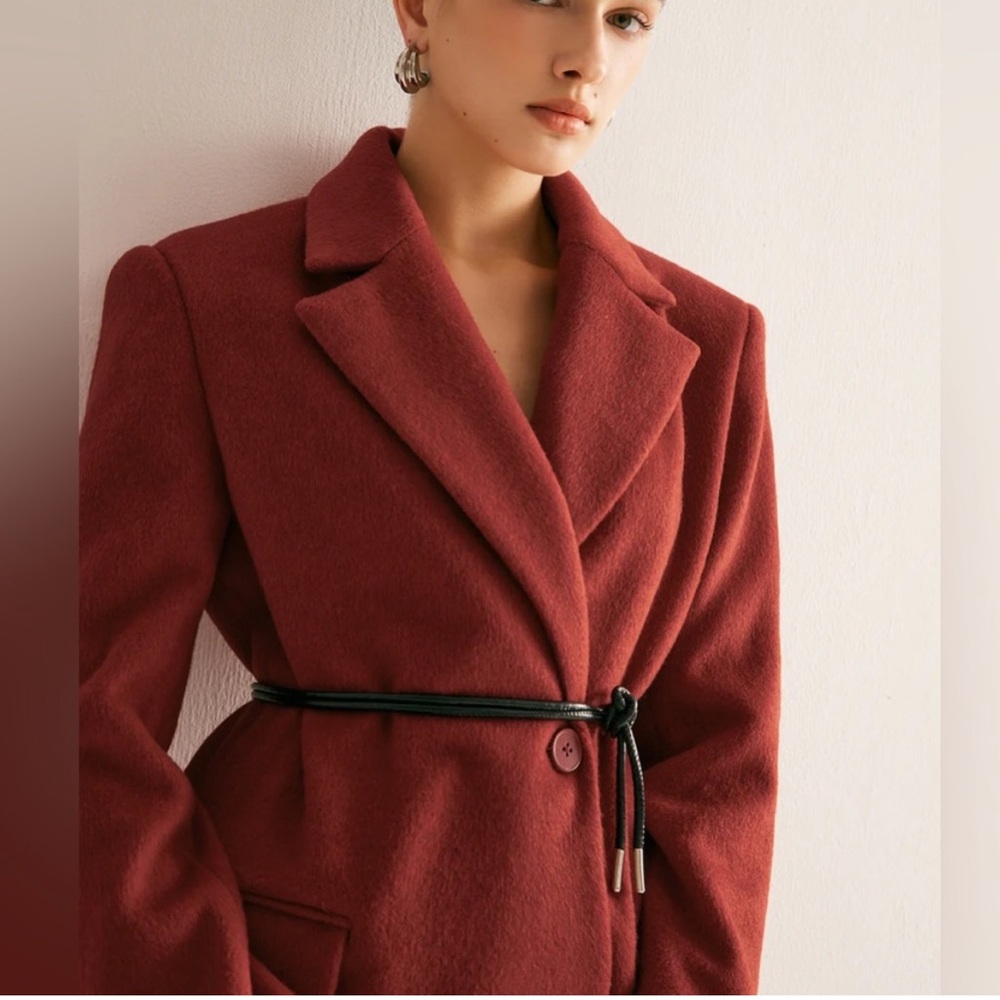 Wool blend premium quality red oversized drawstring tie belt blazer jacket - Picture 2 of 9